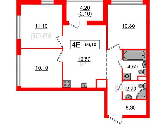 Квартира в ЖК А101 Всеволожск, 3 комнатная, 66.1 м², 2 этаж