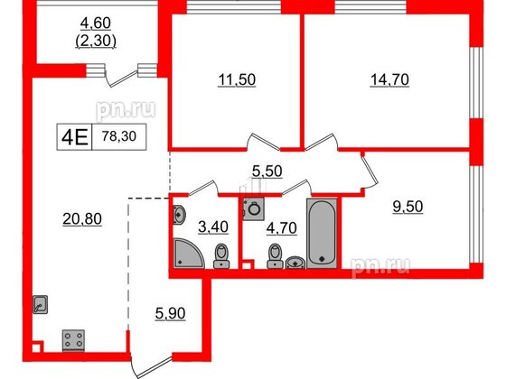 Квартира в ЖК А101 Всеволожск, 3 комнатная, 78.3 м², 2 этаж