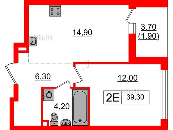 Квартира в ЖК А101 Всеволожск, 1 комнатная, 39.3 м², 2 этаж