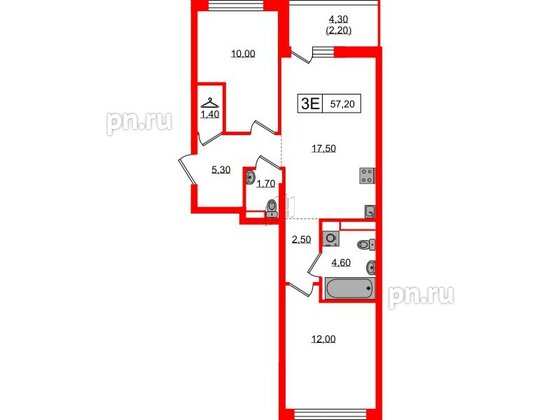 Квартира в ЖК А101 Всеволожск, 2 комнатная, 57.2 м², 3 этаж