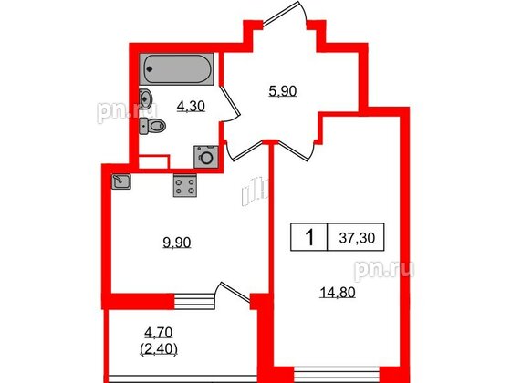 Квартира в ЖК А101 Всеволожск, 1 комнатная, 37.3 м², 3 этаж