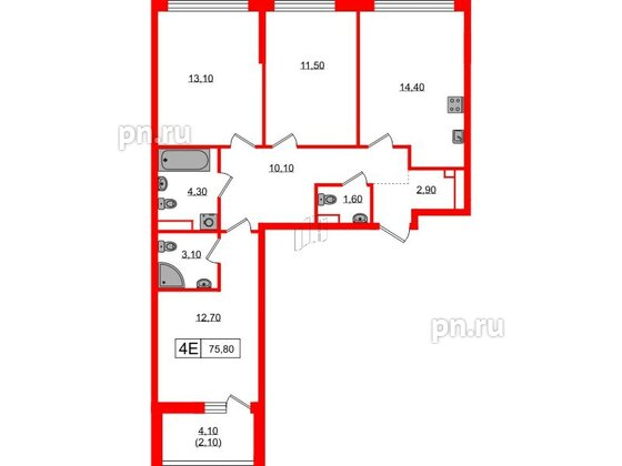 Квартира в ЖК А101 Всеволожск, 3 комнатная, 75.8 м², 4 этаж