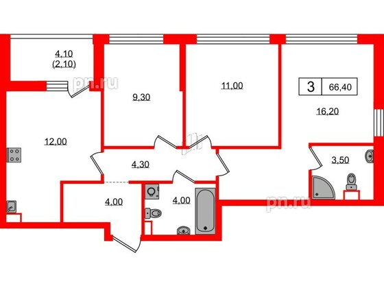 Квартира в ЖК А101 Всеволожск, 3 комнатная, 66.4 м², 10 этаж