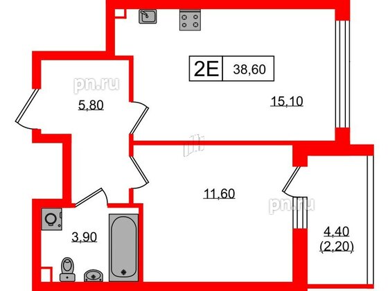 Квартира в ЖК А101 Всеволожск, 1 комнатная, 38.6 м², 2 этаж