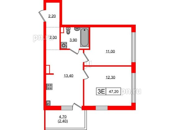 Квартира в ЖК А101 Всеволожск, 2 комнатная, 47.2 м², 3 этаж