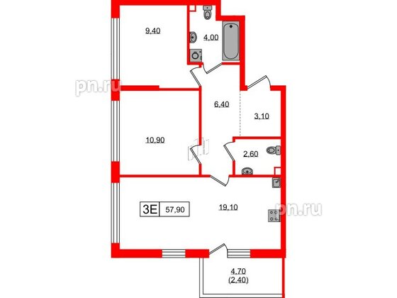 Квартира в ЖК А101 Всеволожск, 2 комнатная, 57.9 м², 2 этаж