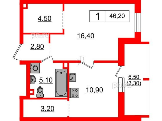 Квартира в ЖК А101 Всеволожск, 1 комнатная, 46.2 м², 2 этаж