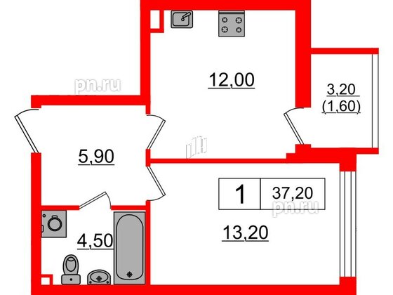 Квартира в ЖК А101 Всеволожск, 1 комнатная, 37.2 м², 4 этаж