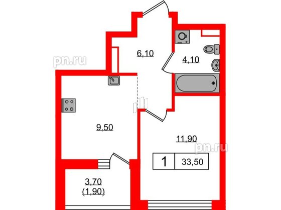 Квартира в ЖК А101 Всеволожск, 1 комнатная, 33.5 м², 4 этаж