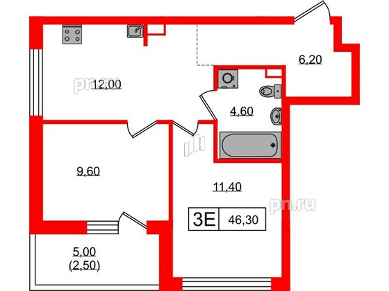 Квартира в ЖК А101 Всеволожск, 2 комнатная, 46.3 м², 2 этаж