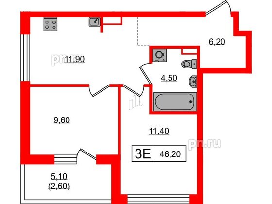 Квартира в ЖК А101 Всеволожск, 2 комнатная, 46.2 м², 3 этаж