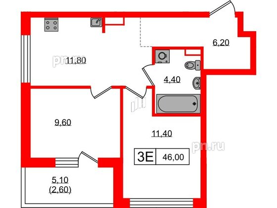 Квартира в ЖК А101 Всеволожск, 2 комнатная, 46 м², 7 этаж