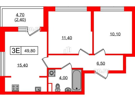 Квартира в ЖК А101 Всеволожск, 2 комнатная, 49.8 м², 8 этаж