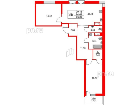 Квартира в ЖК TALENTO, 2 комнатная, 76.18 м², 6 этаж