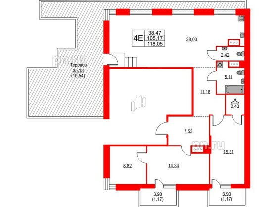 Квартира в ЖК TALENTO, 2 комнатная, 118.05 м², 7 этаж