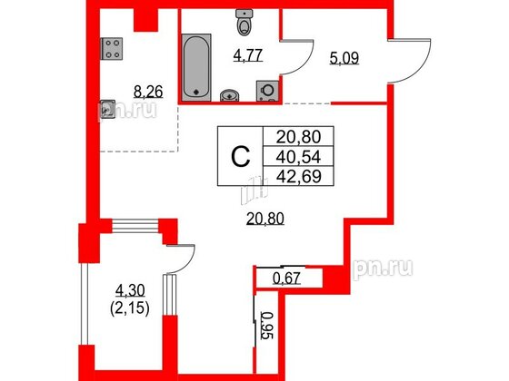 Квартира в ЖК TALENTO, студия, 42.69 м², 3 этаж