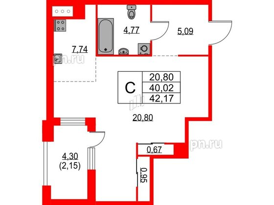 Квартира в ЖК TALENTO, студия, 42.17 м², 5 этаж