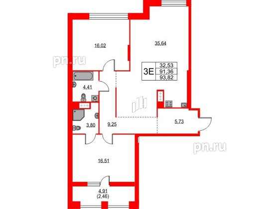 Квартира в ЖК TALENTO, 2 комнатная, 91.65 м², 5 этаж