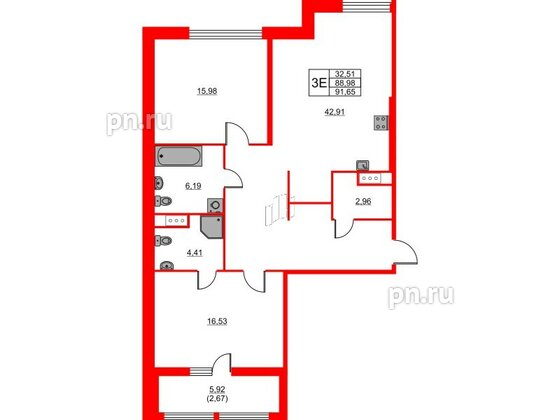 Квартира в ЖК «Таленто», 2 комнатная, 91.65 м², 7 этаж