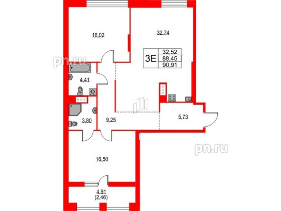 Квартира в ЖК «Таленто», 2 комнатная, 88.73 м², 8 этаж