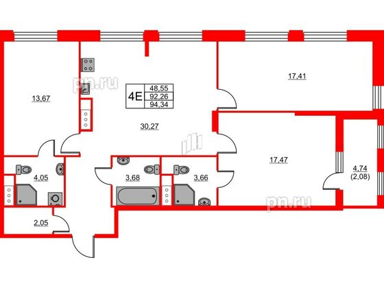 Квартира в ЖК «Таленто», 3 комнатная, 94.34 м², 4 этаж