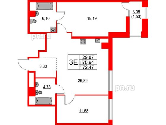 Квартира в ЖК TALENTO, 2 комнатная, 72.47 м², 3 этаж