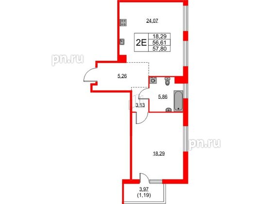 Квартира в ЖК TALENTO, 1 комнатная, 57.8 м², 3 этаж