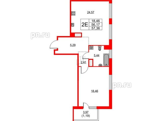 Квартира в ЖК TALENTO, 1 комнатная, 57.36 м², 4 этаж