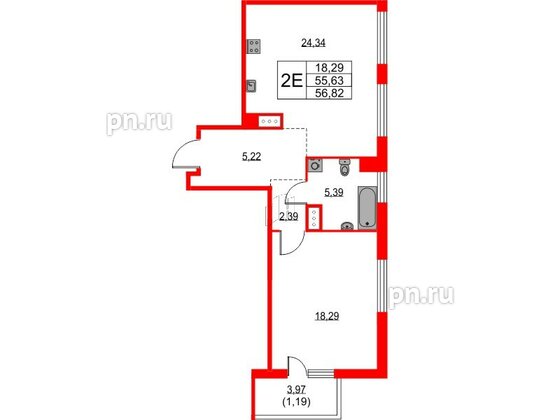 Квартира в ЖК TALENTO, 1 комнатная, 53.73 м², 6 этаж