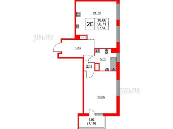 Квартира в ЖК TALENTO, 1 комнатная, 57.9 м², 7 этаж