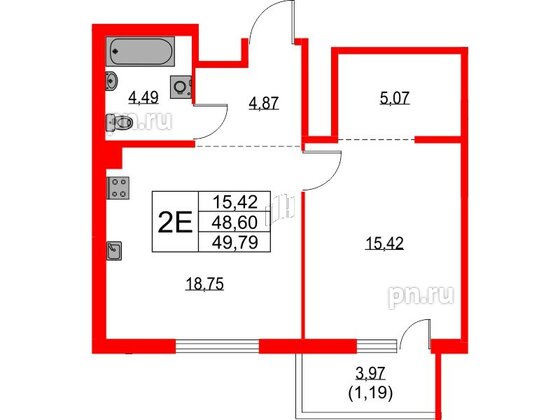 Квартира в ЖК TALENTO, 1 комнатная, 49.79 м², 3 этаж