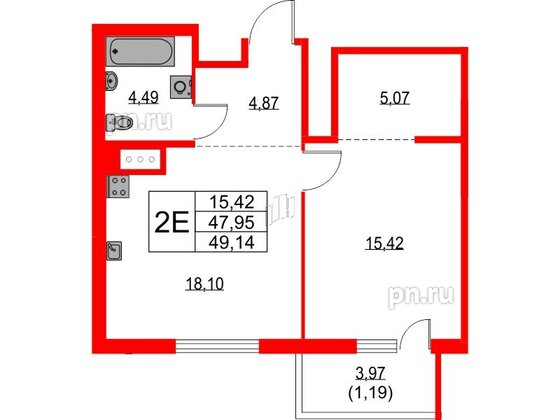 Квартира в ЖК TALENTO, 1 комнатная, 49.14 м², 4 этаж