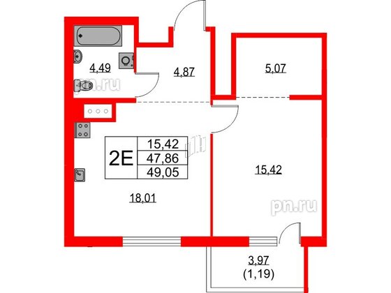 Квартира в ЖК TALENTO, 1 комнатная, 49.05 м², 6 этаж