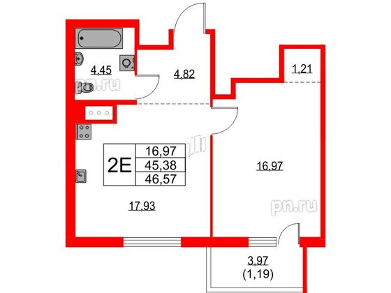 Квартира в ЖК TALENTO, 1 комнатная, 46.57 м², 11 этаж