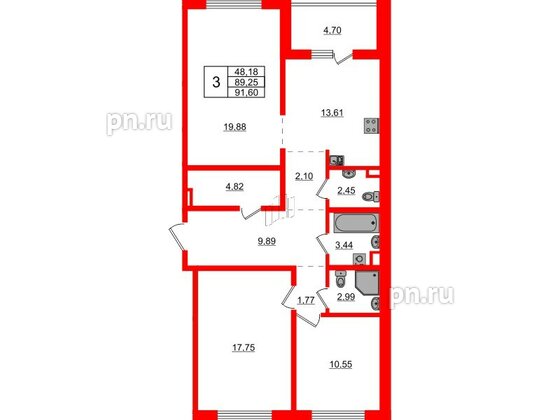 Квартира в ЖК ЛесArt, 3 комнатная, 91.6 м², 2 этаж