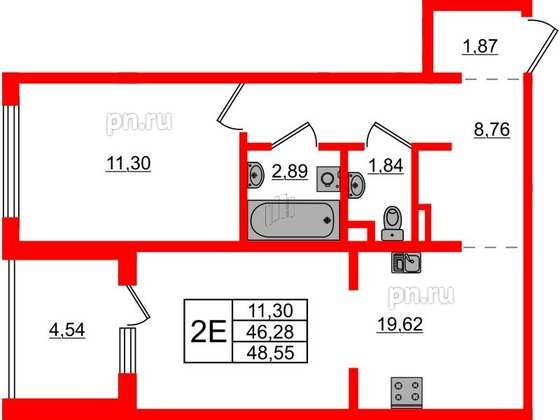 Квартира в ЖК ЛесArt, 1 комнатная, 48.55 м², 7 этаж