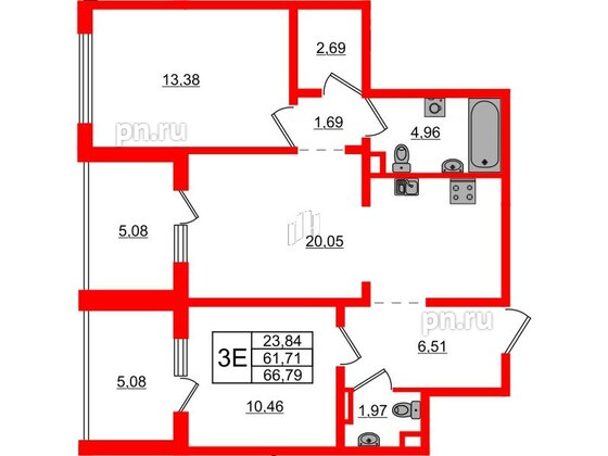 Квартира в ЖК ЛесArt, 2 комнатная, 66.79 м², 6 этаж