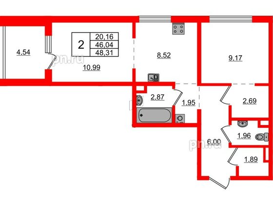 Квартира в ЖК ЛесArt, 2 комнатная, 48.31 м², 7 этаж