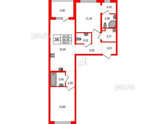 Квартира в ЖК ЛесArt, 2 комнатная, 69.01 м², 2 этаж