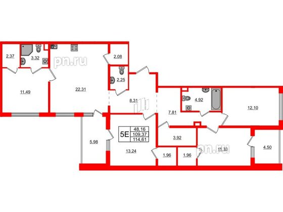 Квартира в ЖК «ЛесАрт», 4 комнатная, 114.61 м², 12 этаж