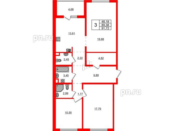 Квартира в ЖК ЛесArt, 3 комнатная, 91.72 м², 3 этаж