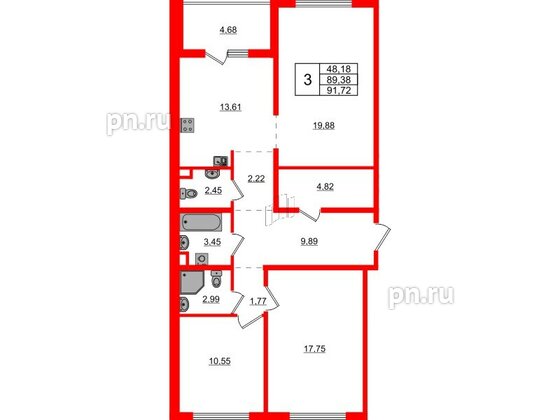 Квартира в ЖК ЛесArt, 3 комнатная, 91.72 м², 11 этаж