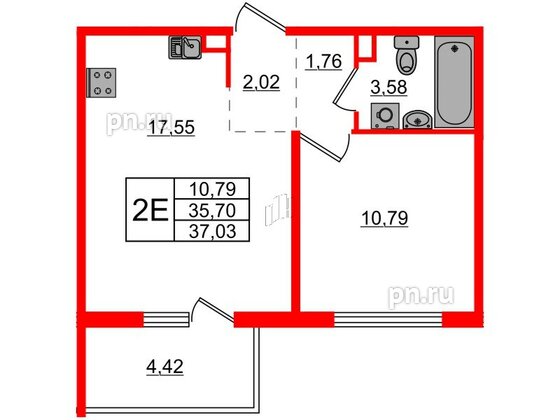 Квартира в ЖК ЛесArt, 1 комнатная, 37.03 м², 1 этаж