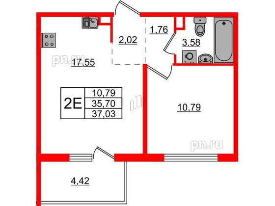 Квартира в ЖК ЛесArt, 1 комнатная, 37.03 м², 6 этаж