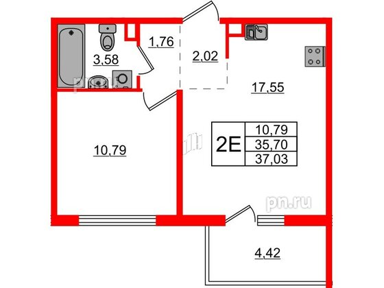 Квартира в ЖК ЛесArt, 1 комнатная, 37.03 м², 3 этаж