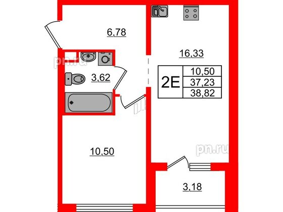 Квартира в ЖК ЛесArt, 1 комнатная, 38.82 м², 4 этаж