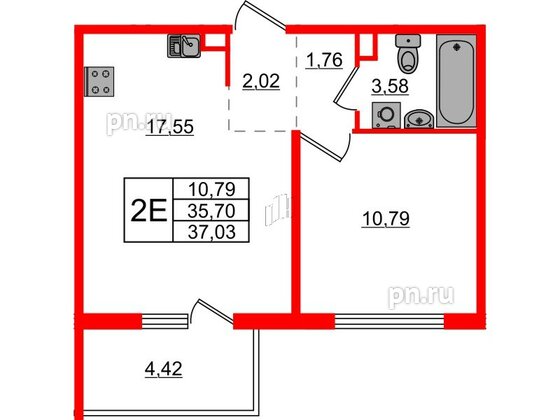 Квартира в ЖК ЛесArt, 1 комнатная, 37.03 м², 2 этаж