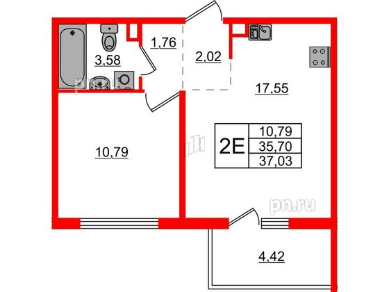 Квартира в ЖК ЛесArt, 1 комнатная, 37.03 м², 1 этаж