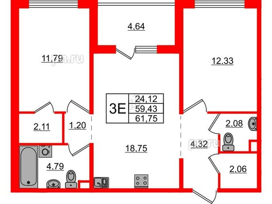 Квартира в ЖК ЛесArt, 2 комнатная, 61.75 м², 1 этаж