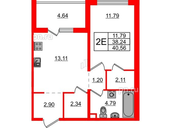 Квартира в ЖК ЛесArt, 1 комнатная, 40.56 м², 1 этаж